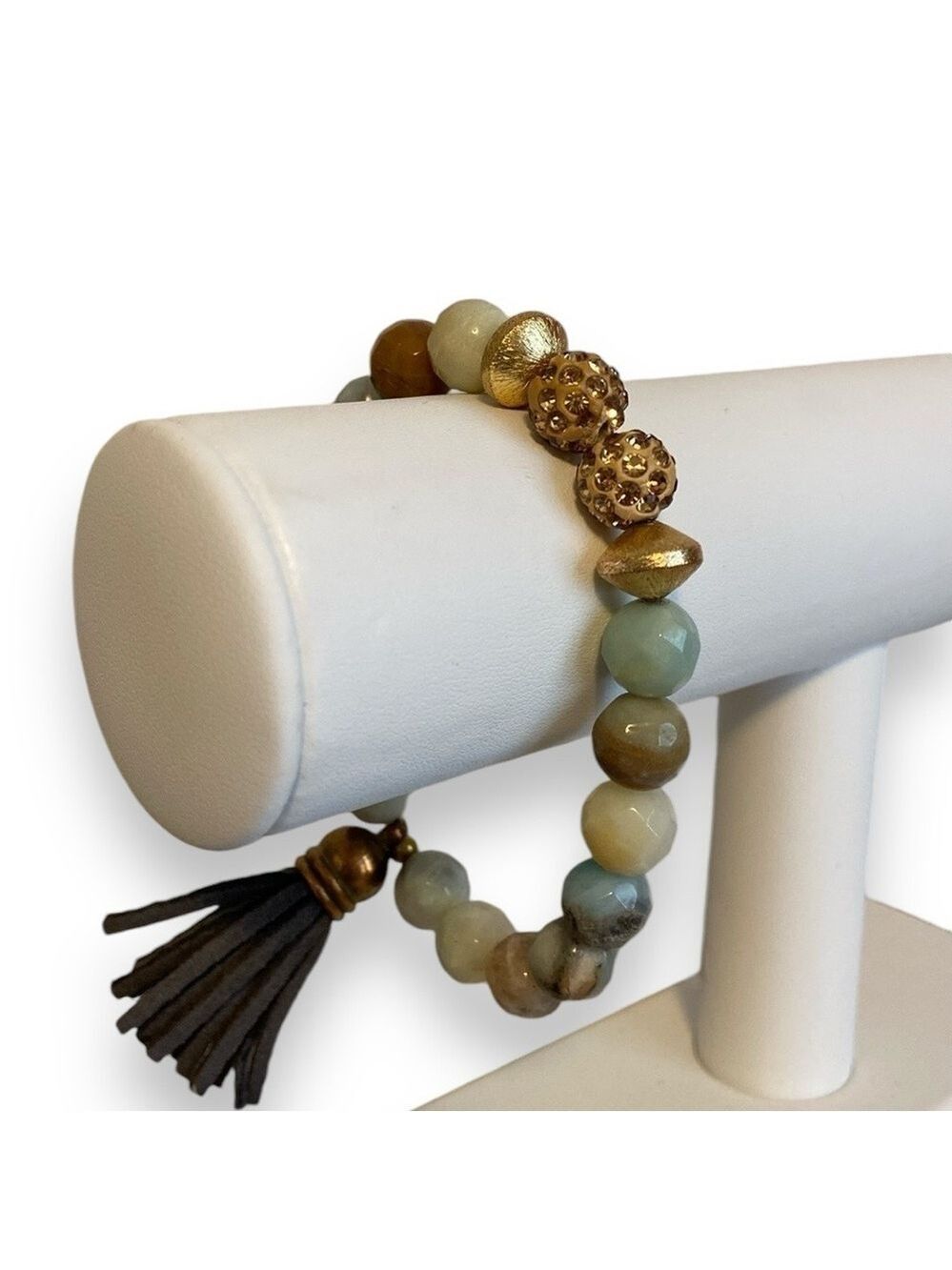 Earth & Sea Bead Stretch Bracelet Tassel Sparkle Gold Tone Cream Multi